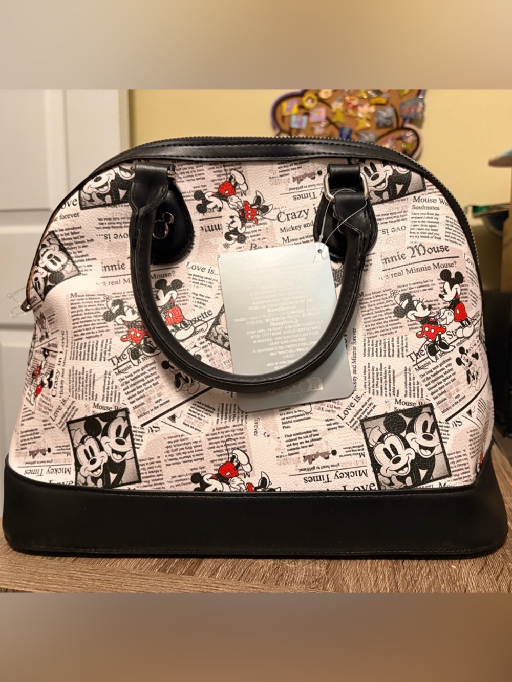 Disney Parks Mickey and Minnie Mouse Newspaper Print Satchel